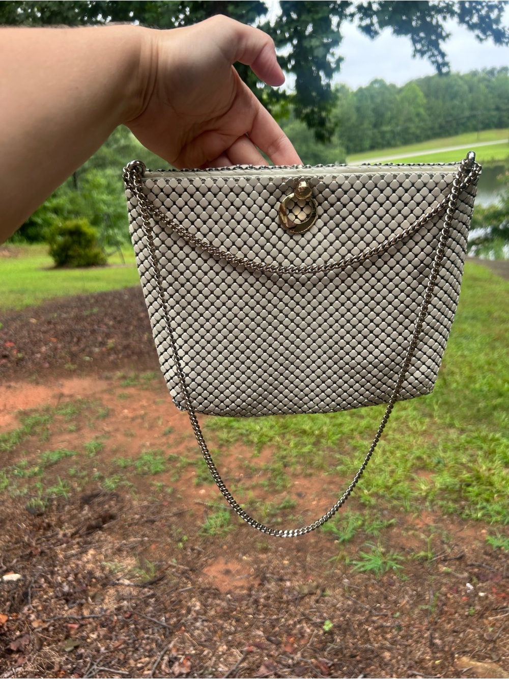 Vintage Whiting & Davis White Enamel Mesh Shoulder Bag Purse Silver Chain USA - Picture 11 of 11